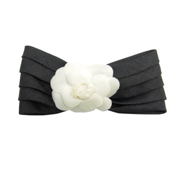 NEUF BIJOU PINCE DE CHEVEUX CHANEL CAMELIA BARRETTE TISSU NOIR HAIR CLIP 430€