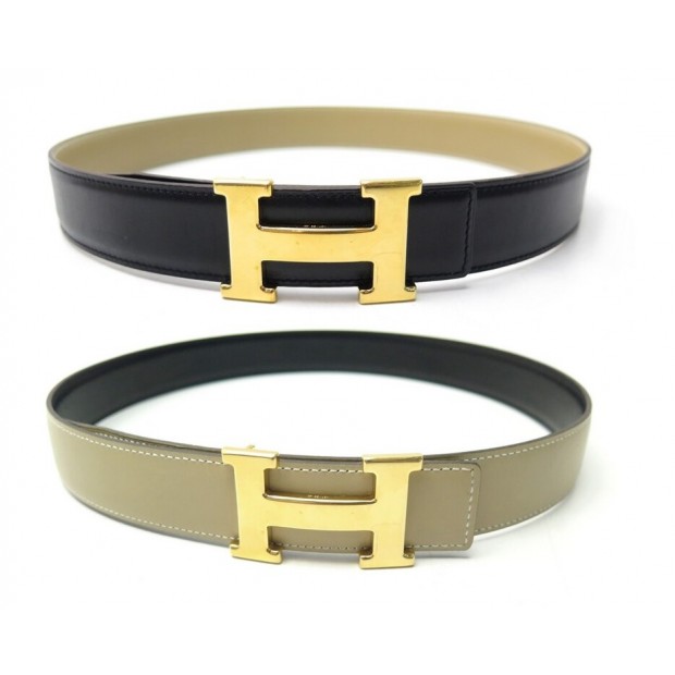 CEINTURE HERMES LIEN REVERSIBLE T76 82 CUIR NOIR BEIGE BOUCLE H DORE BELT 650€