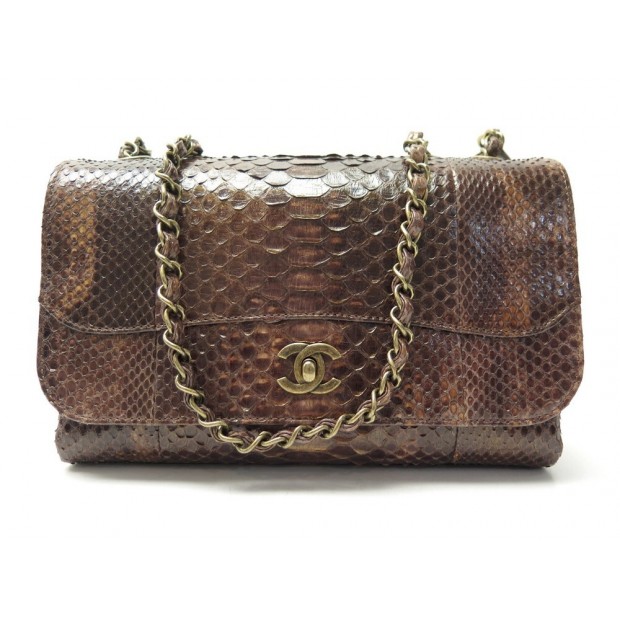 NEUF SAC A MAIN CHANEL TIMELESS 3 SOUFFLETS EN CUIR PYTHON MARRON PURSE 8500€