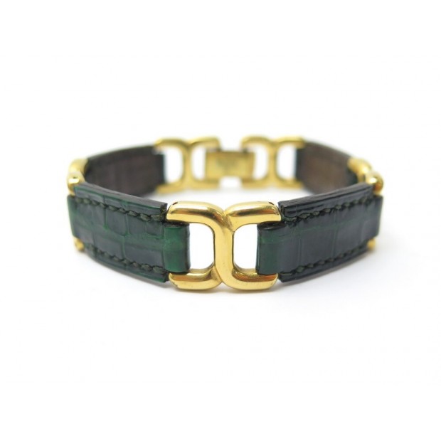 VINTAGE BRACELET HERMES PLACE BEAUVAU EN CUIR CROCODILE VERT ALLIGATOR BOITE