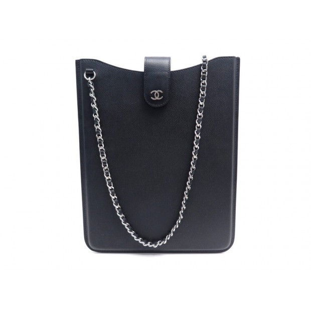 NEUF SAC CHANEL ETUI IPAD TABLETTE EN CUIR CAVIAR NOIR BANDOULIERE TABLET CASE