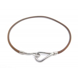 COLLIER HERMES JUMBO ARGENTE CUIR MARRON BRACELET DOUBLE TOUR NECKLACE 270€