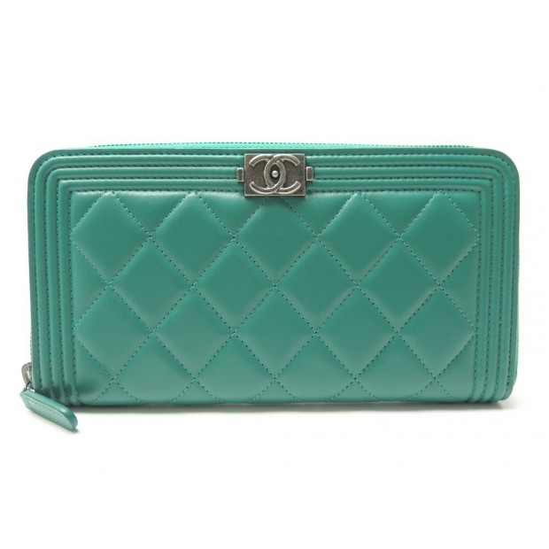 NEUF PORTEFEUILLE CHANEL BOY ZIPPE A80815 CUIR MATELASSE VERT BOITE WALLET 1040€