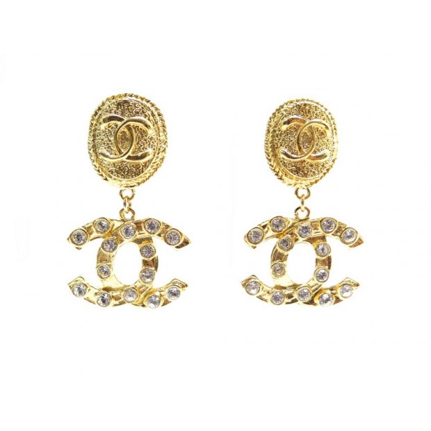 NEUF VINTAGE BOUCLES D'OREILLES CHANEL 1970 DORE LOGO CC & STRASS BOITE EARRINGS