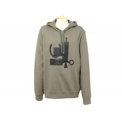 NEUF PULL HERMES SWEAT A CAPUCHE PATCH CUIR T52 L EN COTON TAUPE NEW TOP 910€