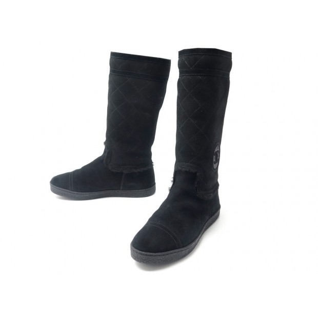 NEUF CHAUSSURES CHANEL BOTTES CUIR MOUTON RETOURNE 37.5 NOIR BOITE BOOTS 1215€