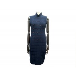 ROBE CHANEL P38885K T 34 S VISCOSE BLEU PERLES ROUGES BOUTONS LOGO DRESS 2550€