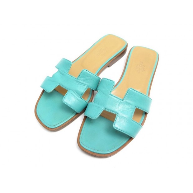 CHAUSSURES HERMES SANDALES MULES ORAN 36 CUIR TURQUOISE LAGON + BOITE SHOES 495€