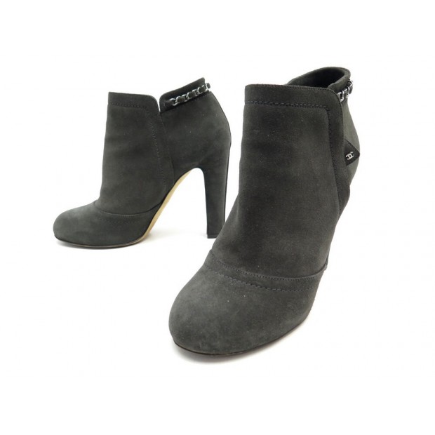NEUF CHAUSSURES CHANEL BOTTINES G29928 40 EN DAIM GRIS NEW BOOTS SHOES 1400€