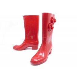 NEUF CHAUSSURES CHANEL BOTTES DE PLUIE CAMELIAS 42 CAOUTCHOUC ROUGE BOOTS 850€