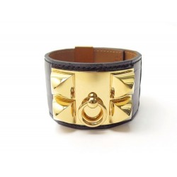 BRACELET HERMES MEDOR COLLIER DE CHIEN T3 CUIR CROCODILE NOIR DORE BOITE 1690€