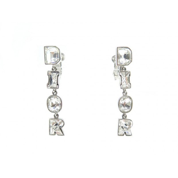 BOUCLES D'OREILLES DIOR INITIALES LOGO EN METAL ARGENTE STRASS PENDANT EARRINGS