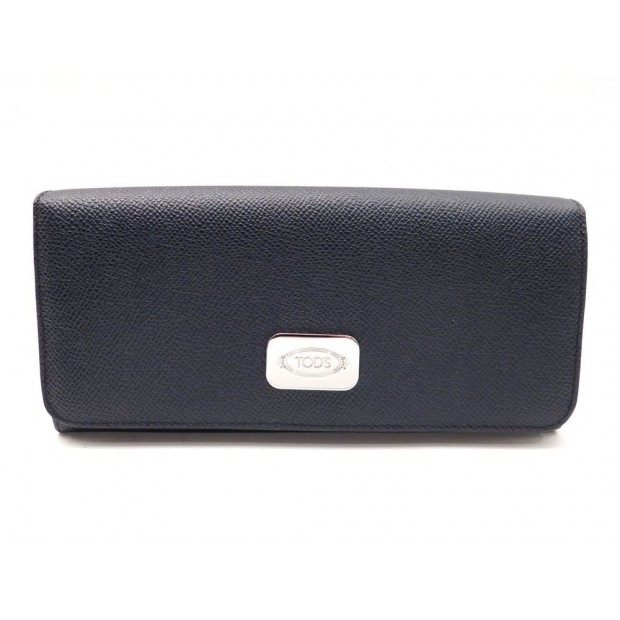 NEUF PORTEFEUILLE TOD'S FOGLIO EN CUIR GRAINE BLEU MARINE MONNAIE BILLFOLD 340€