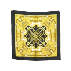 NEUF FOULARD HERMES EPERON D'OR ORIGNY CARRE 90 EN SOIE NOIR NEW SILK SCARF 385€