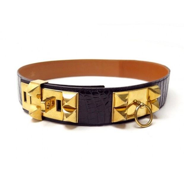 VINTAGE CEINTURE HERMES MEDOR COLLIER DE CHIEN 90 CUIR CROCODILE NOIR BELT 3750€