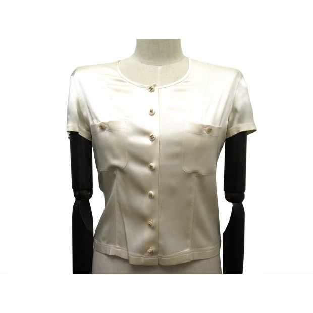 CHEMISIER CHANEL TAILLE 40 M BLOUSE TSHIRT EN SOIE BEIGE SILK TOP 1590€