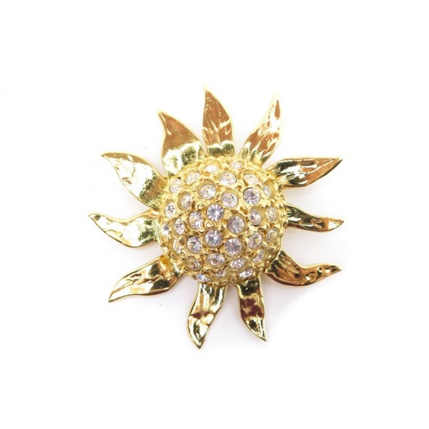 NEUF VINTAGE BROCHE YVES SAINT LAURENT FLEUR TOURNESOL STRASS METAL DORE BROOCH