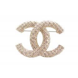 NEUF BROCHE CHANEL LOGO CC & STRASS AB5207 EN METAL DORE NEW GOLDEN BROOCH 650€