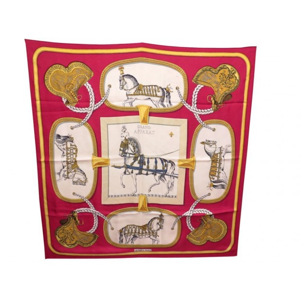 FOULARD HERMES GRAND APPARAT JACQUES EUDEL CARRE ROUGE SOIE RED SILK SCARF 350