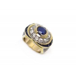 BAGUE T 49 EN OR JAUNE 18K 18GR SERTIE 42 DIAMANTS 2.4CT SAPHIR 1.65CT GOLD RING