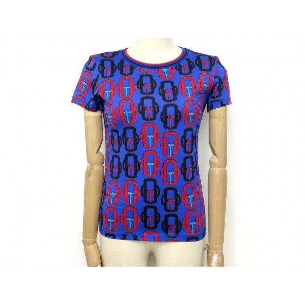 NEUF T SHIRT HERMES MOTIF BOUCLERIE MODERNE T34 S COTON BLEU MARINE NEW TOP 430€