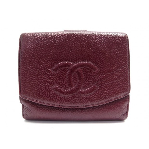 VINTAGE PORTEFEUILLE CHANEL CUIR CAVIAR BORDEAUX LOGO CC PORTE MONNAIE 770€