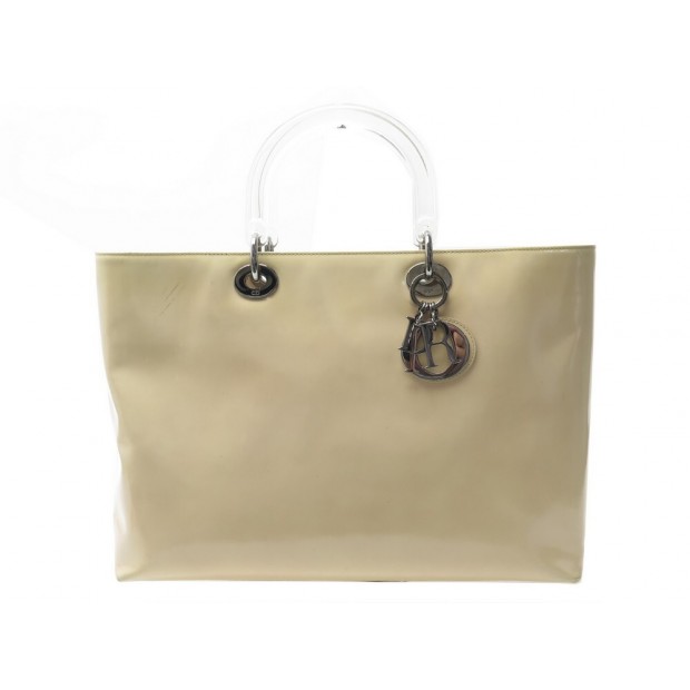 SAC A MAIN CHRISTIAN DIOR LADY LARGE EN CUIR VERNIS BEIGE CABAS HAND BAG 4200€