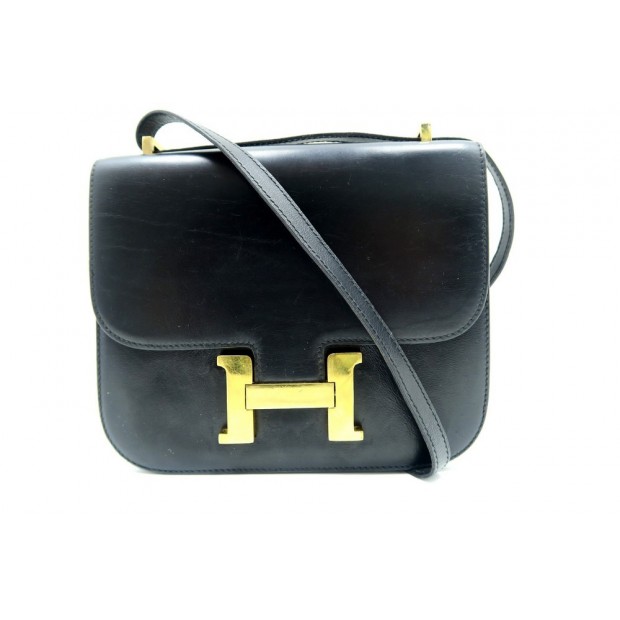 VINTAGE SAC A MAIN HERMES CONSTANCE CUIR BOX NOIR ATTRIBUTS EN METAL DORE 