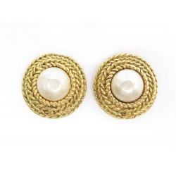 VINTAGE BOUCLES D'OREILLES CHANEL 1990 PERLES & METAL DORE BOITE PEARLS EARRINGS