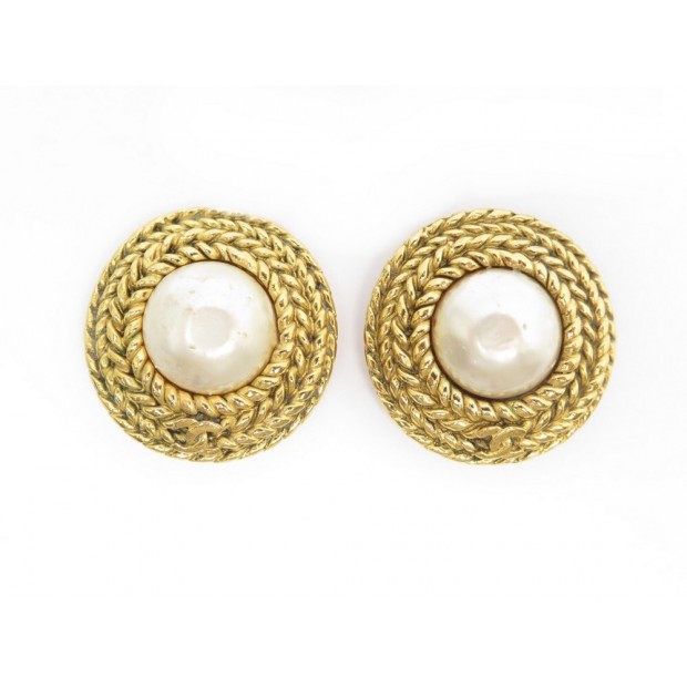 VINTAGE BOUCLES D'OREILLES CHANEL 1990 PERLES & METAL DORE BOITE PEARLS EARRINGS