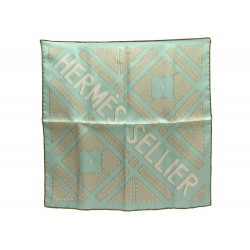 FOULARD HERMES SELLIER GAVROCHE EN SOIE TURQUOISE + BOITE BLUE SILK SCARF 180€