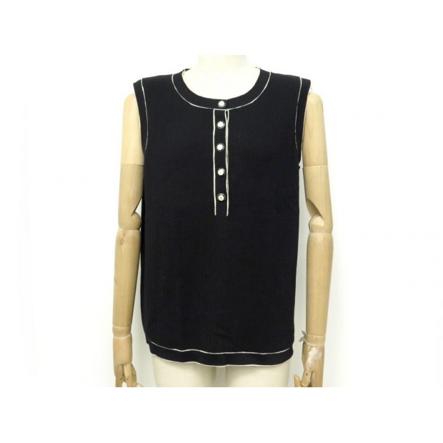 NEUF HAUT CHANEL DEBARDEUR P47545 T50 XXL COTON NOIR BOUTONS LOGO CC TOP 1190€