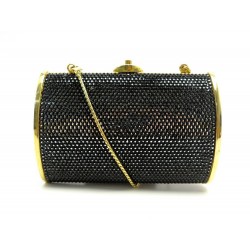 SAC POCHETTE JUDITH LEIBER BANDOULIERE EN STRASS NOIR ET METAL DORE POUCH 1300€