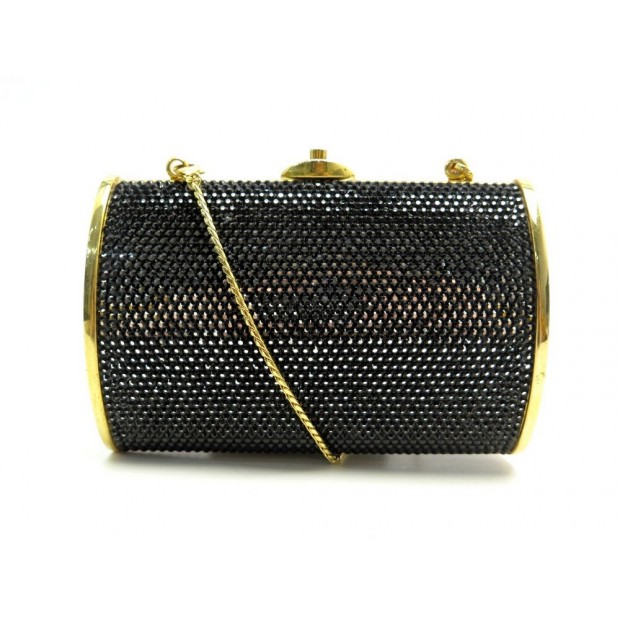 SAC POCHETTE JUDITH LEIBER BANDOULIERE EN STRASS NOIR ET METAL DORE POUCH 1300€