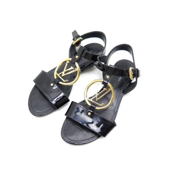 CHAUSSURES LOUIS VUITTON SANDALES LOGO LV 35 CUIR VERNIS NOIR SANDAL SHOES 820€