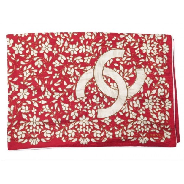 CHALE CHANEL FOULARD 135 CM LOGO CC & FEUILLES EN SOIE ROUGE SILK SHAWL SCARF