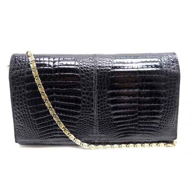 VINTAGE SAC A MAIN POCHETTE EN CUIR DE CROCODILE NOIR LEATHER HAND BAG PURSE