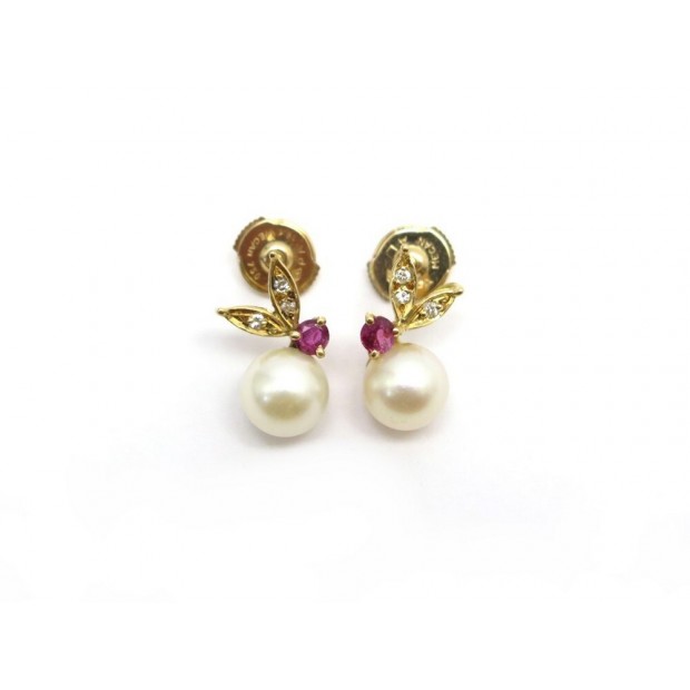 BOUCLES D'OREILLES EN OR JAUNE 18 PERLES DIAMANTS ET RUBIS YELLOW GOLD EARRINGS