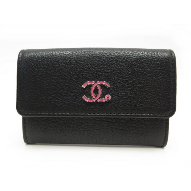 NEUF PORTE CARTES A RABAT CHANEL LOGO CC TREFLE CUIR NOIR PORTEFEUILLE 480€