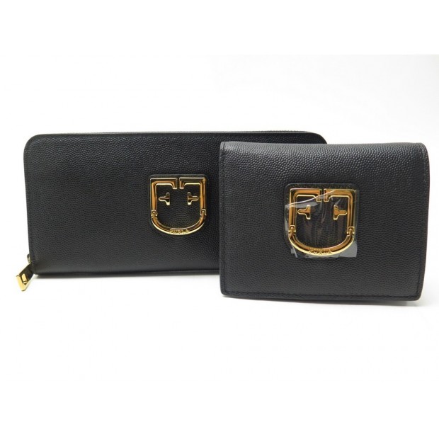 NEUF LOT PORTEFEUILLE + PORTE MONNAIE FURLA EN CUIR NOIR NEW LEATHER WALLET 265€