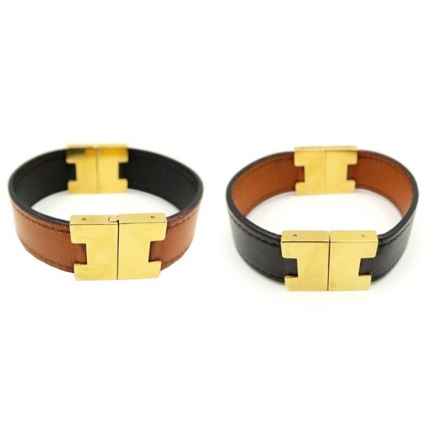 BRACELET HERMES REVERSIBLE EN CUIR NOIR MARRON ATTRIBUTS METAL DORE BOITE JEWEL