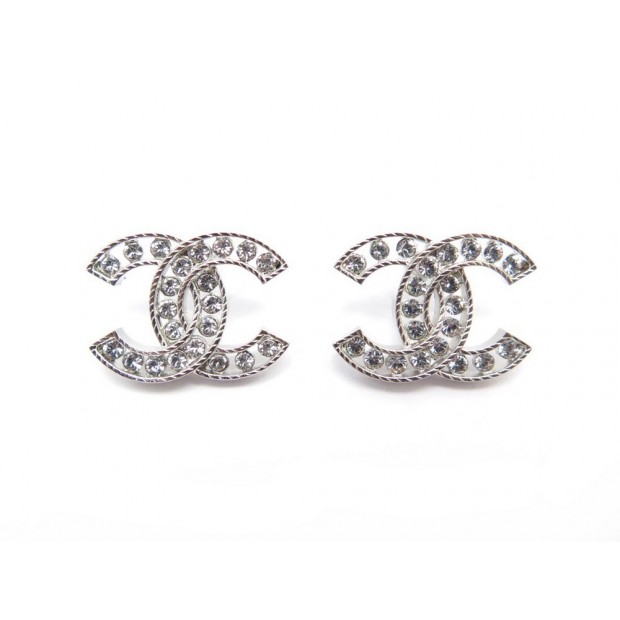 NEUF BOUCLES D'OREILLES CHANEL LOGO CC & STRASS AB7014 ARGENTE NEW EARRINGS 370€