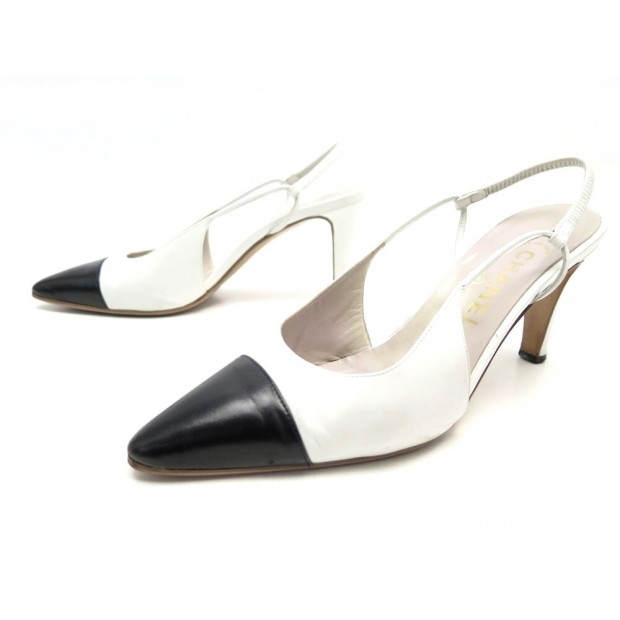 CHAUSSURES CHANEL ESCARPINS 37.5 BICOLORE CUIR BLANC ET NOIR PUMP SHOES 650€