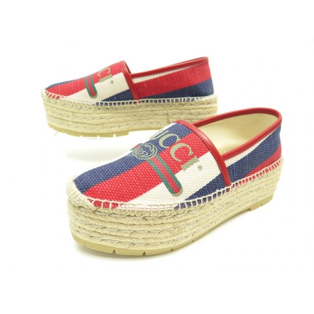 NEUF CHAUSSURES GUCCI ESPADRILLES LOGO SYLVIE 525989 38 PLATFORM FLAT SHOES 690€