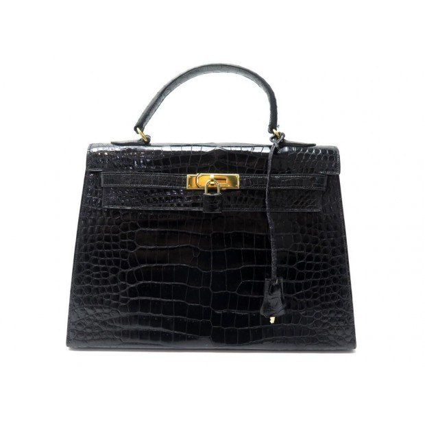 VINTAGE SAC A MAIN HERMES KELLY 33 CUIR DE CROCODILE POROSUS NOIR DORE HAND BAG