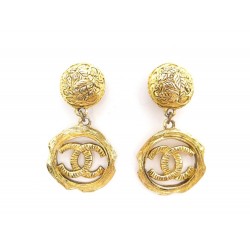 VINTAGE BOUCLES D'OREILLES CHANEL LOGO CC PENDANTES METAL DORE GOLDEN EARRINGS