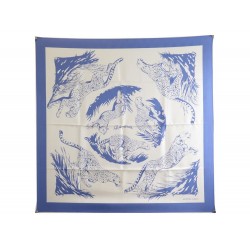 RARE FOULARD HERMES GUEPARDS DALLET CARRE 90 EN SOIE BLANC + BOITE SILK SCARF