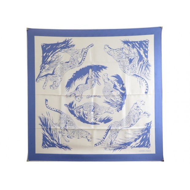 RARE FOULARD HERMES GUEPARDS DALLET CARRE 90 EN SOIE BLANC + BOITE SILK SCARF