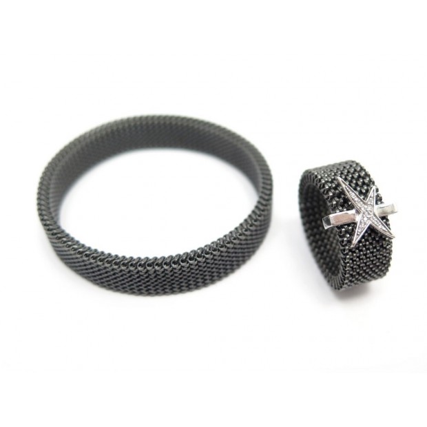 BRACELET MAUBOUSSIN MOI NON PLUS ACIER NOIR 15CM + BAGUE T56 OR & DIAMANTS RING