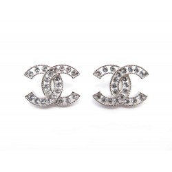 NEUF BOUCLES D'OREILLES CHANEL LOGO CC & STRASS AB7014 ARGENTE NEW EARRINGS 370€